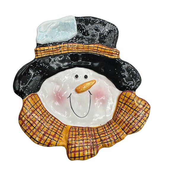 Christmas Snowman Candy Dish Plate Ceramic Pottery Trinket Scarf Yellow Black - Picture 7 of 12